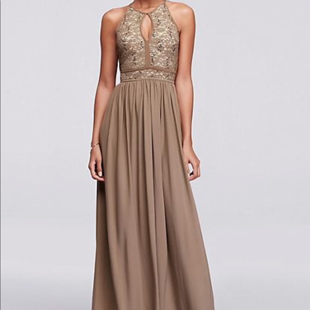 Morgan and Co lace keyhole tie back halter dress